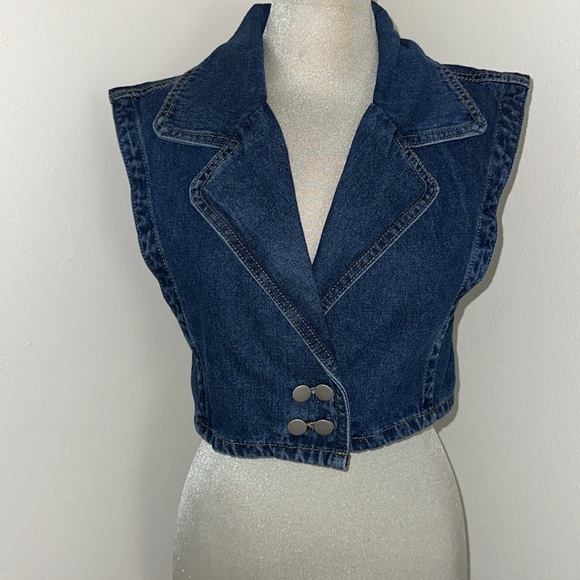 Vintage denim Jean vest crop cropped medium m - Picture 2 of 5